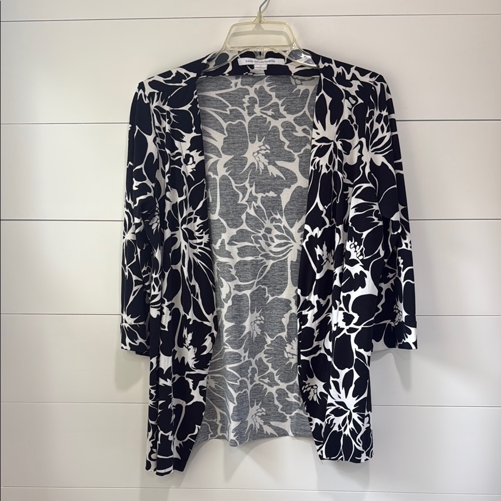 Diane Von Furstenberg Black and White Floral Open Cardigan